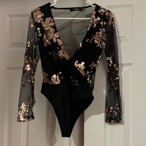 Gold Sequin Black Bodysuit